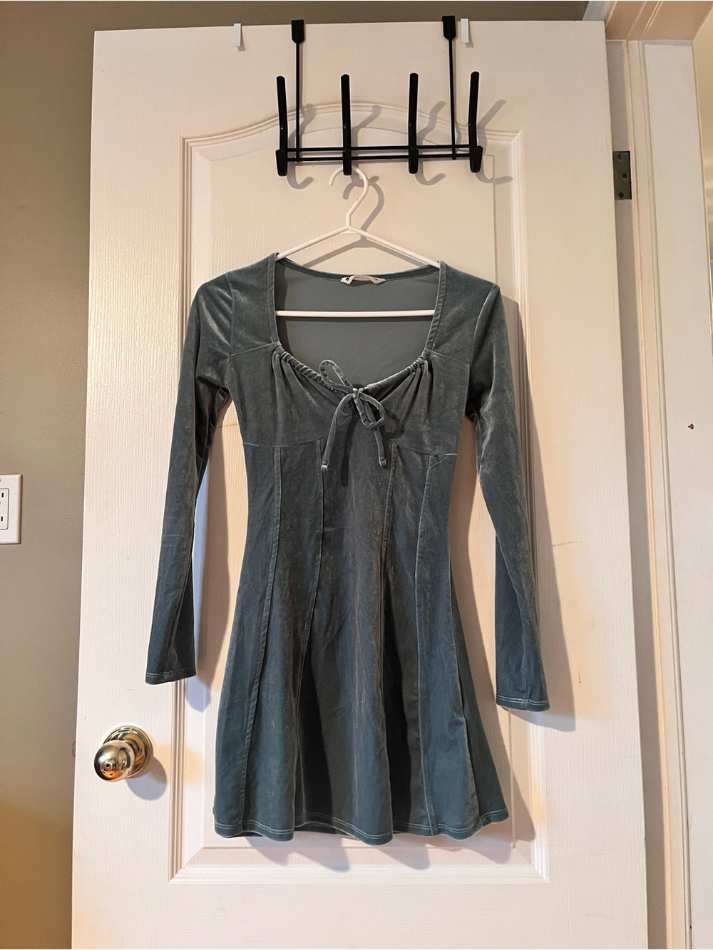Bluenotes Teal Velvet Tie-Front Long-Sleeve Mini Dress